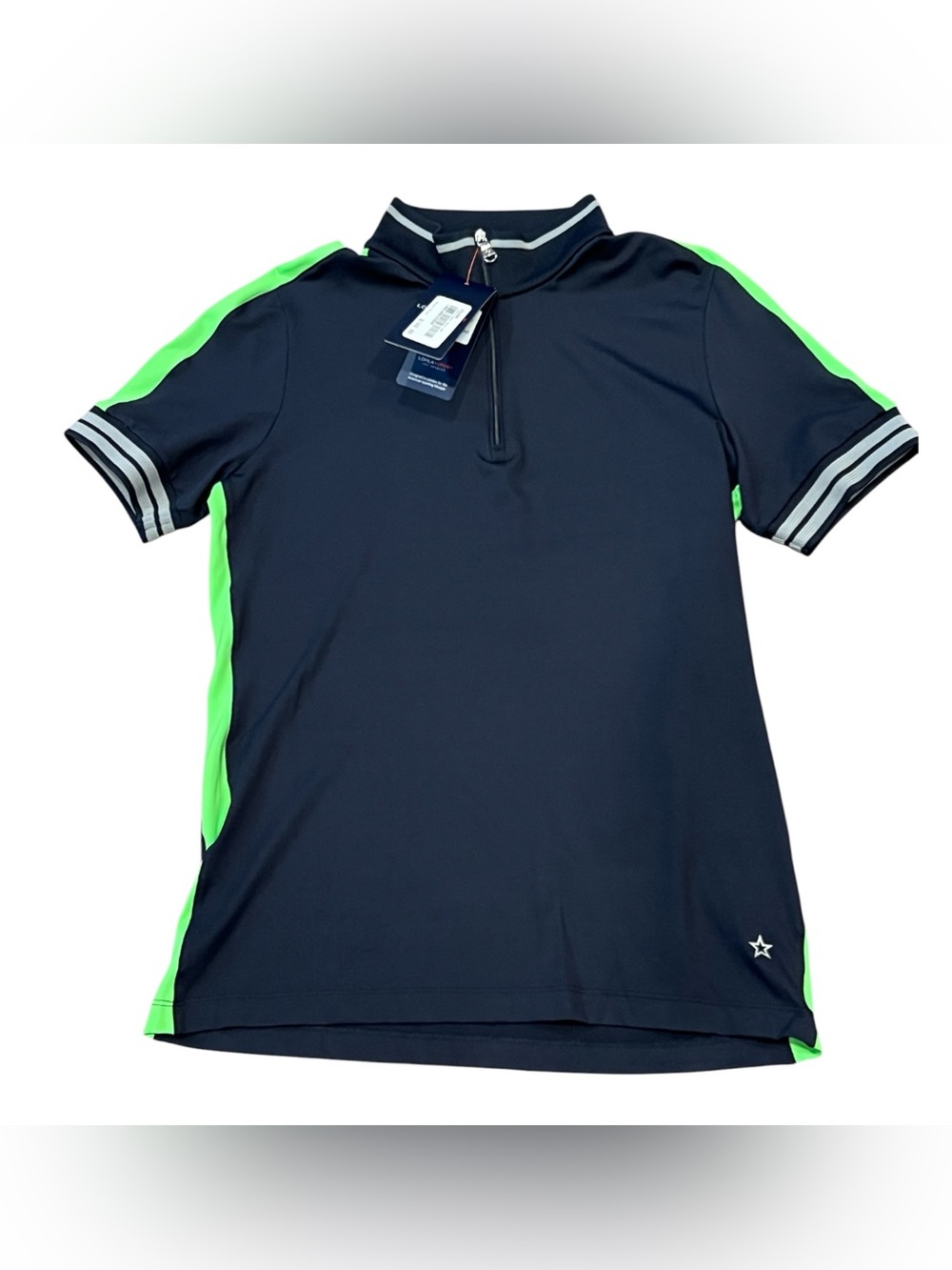 Lohla Tiffany Dark Navy and Neon Green Short-Sleeve Zip Tee Golf Size M/L